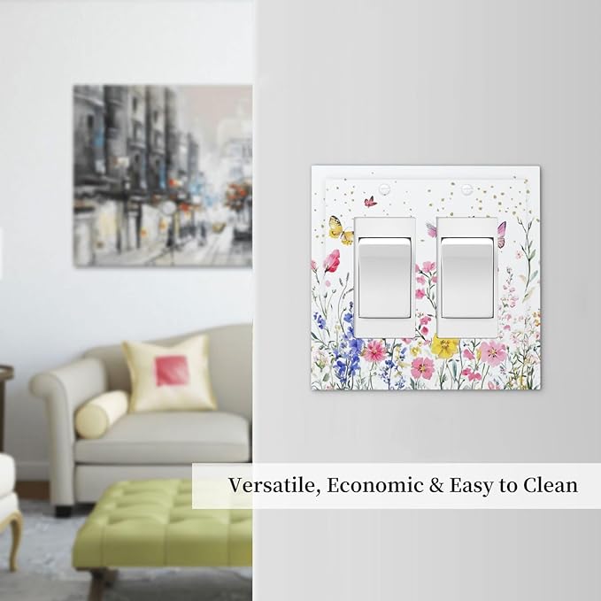 Decorative Outlet Covers Watercolor Floral Butterfly Colorful Wildflower 2 Gang Double Gfci Rocker Electrical Wall Panels Light Switch Cover Plate For Bed Room Living Room Decor