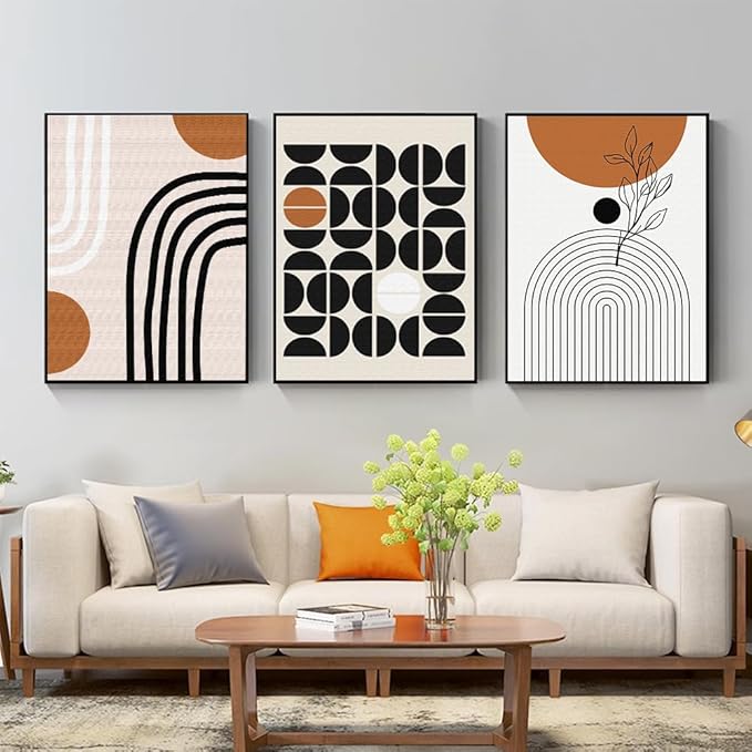 QKF Geometry Abstract Large Frame Canvas Wall Art Living Room Wall Decor Bohemian Black Brown Beige Line Modern Home Decorative Painting For living room Office Bedroom 3-piece Set 24 "X 32"