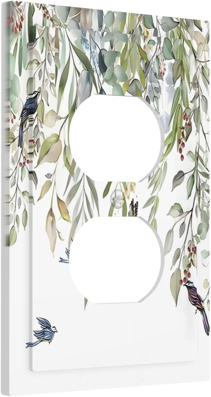 Green Leaf Eucalyptus Leaves Floral Bird Butterfly Outlet Covers 1 Gang Duplex Light Switch Cover Decorative Switch Plates Electrical Receptacle Faceplate Wall Plate for Bed Room Living Room Decor