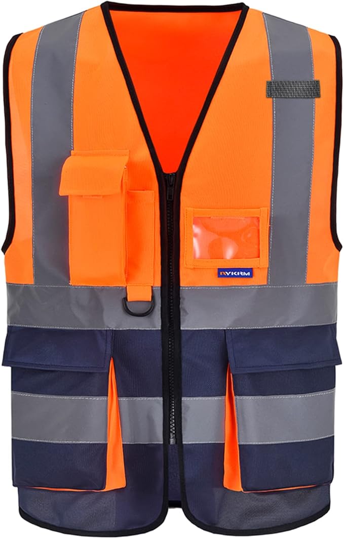 A-SAFETY High Visibility Safety Vest with 4 Reflective Strips 7 Pockets,Orange&Navy X-Small