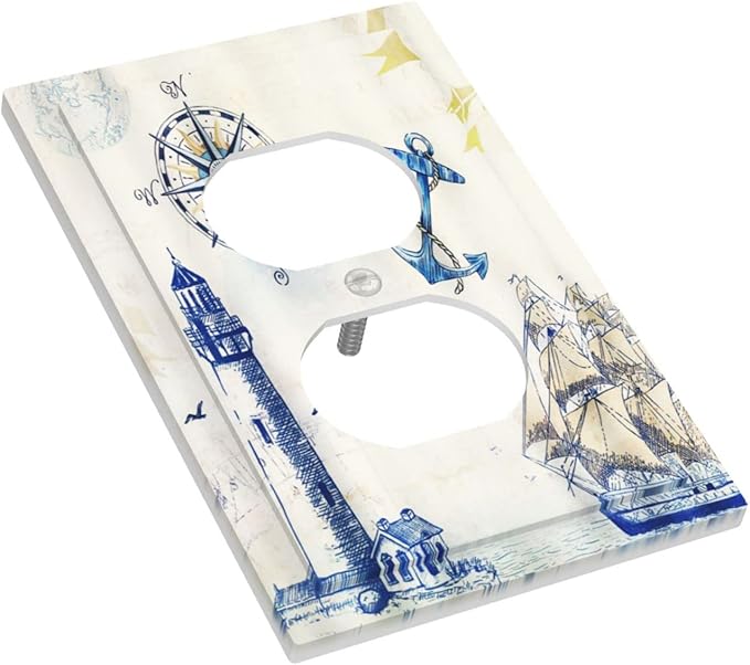 Outlet Covers Nautical Sailboat Lighthouse Compass Anchor 1 Gang Duplex Light Switch Cover Decorative Single Wall Plate Rustic Receptacle Electrical Device Switchplate for Country Bathroom