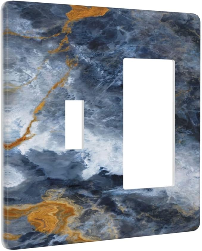 Decorative Outlet Covers Gold Dark Blue Gilt Haze Marble 2-Gang Combo Light Switch Cover Plate Single Toggle/Rocker Wall Plate Plug Switch Plate Covers for Bathroom Decor