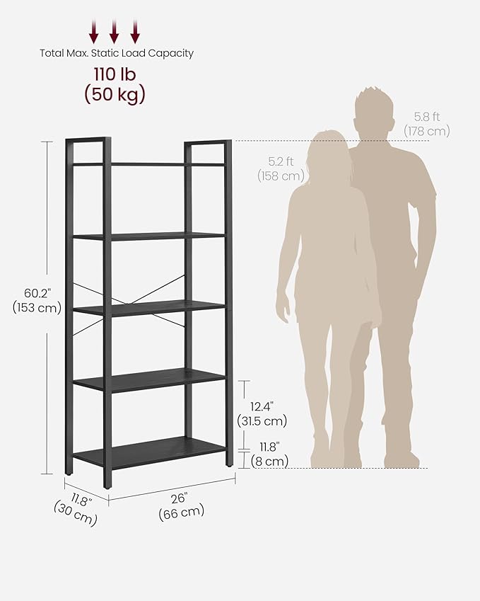 VASAGLE 5-Tier Bookshelf, Bookcase with Steel Frame, Book Shelf for Living Room, Home Office, Study, 11.8 x 26 x 60.2 Inches, Industrial Style, Ebony Black and Ink Black ULLS061B56