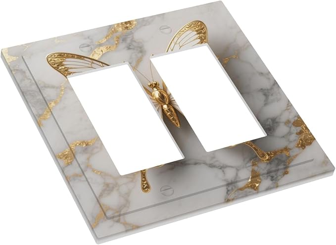Gold Marble Shine Butterfly Abstract Modern Print Decorative Outlet Covers 2 Gang Double GFCI Rocker Electrical Wall Panels Light Switch Cover Plate for Bed Room Bathroom Decor