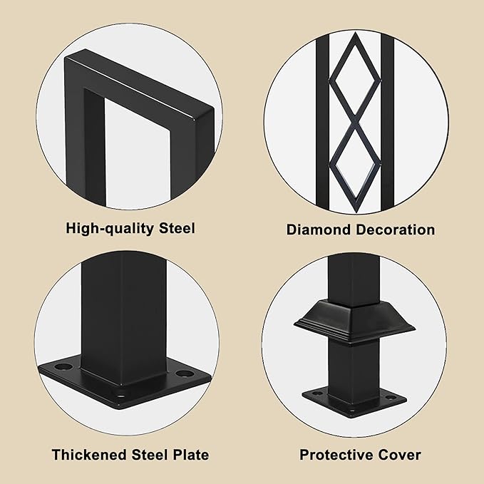 U-Shaped Stair Handrail, Black Wrought Iron Hand Rails Decorative Railing for Indoor Stairs, Porch Deck Loft Corridor Safety Non-Slip Support Poles, with Diamond Pattern (3FT/90CM)