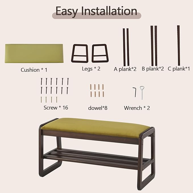Shoe Rack Bench,2 Tier Wooden Entryway Bench with Shoe Storage, Shoe Rack with Cushion for Living Room, Hallway(Olive Green, 31.5")