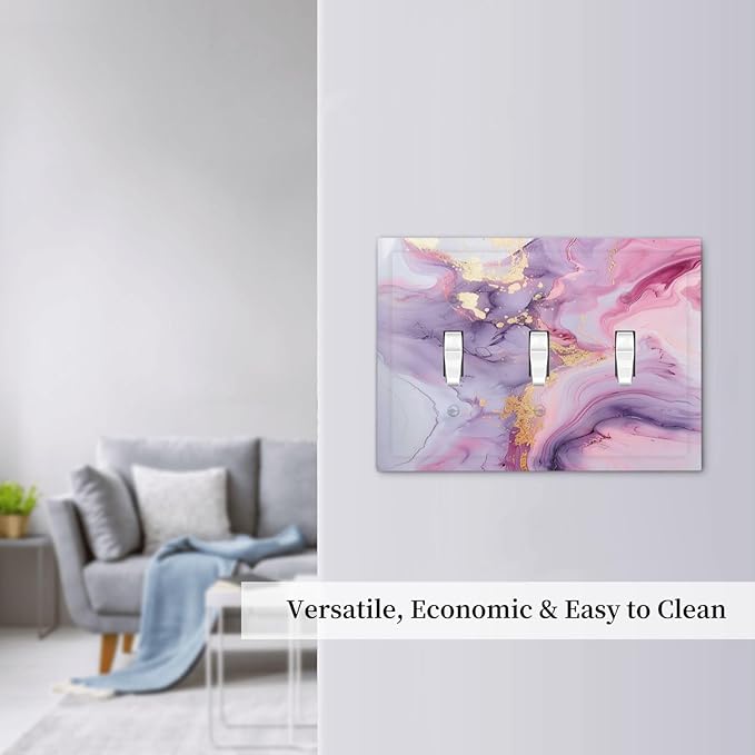 Decorative Switch Plates Pink Marble Abstract Purple Gold Texture 3 Gang Wall Plate Triple Toggle Light Switch Cover Faceplate Electrical Wall Panels for Bathroom living Room Decor