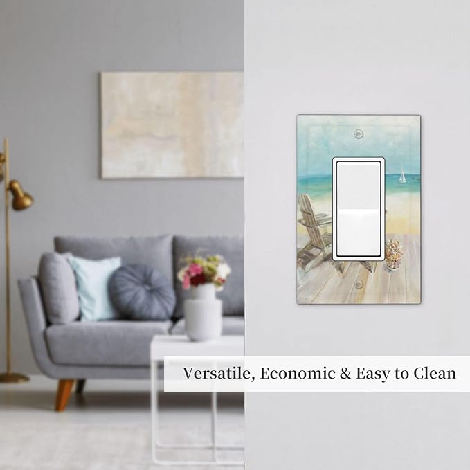 Outlet Covers Beach Chair Seascape Blue Ocean 1 Gang Wall Plate Single Rocker Light Switch Cover Modern Coastal Decorative GFCI Receptacle Cover Electrical Switchplate for Bathroom Bedroom