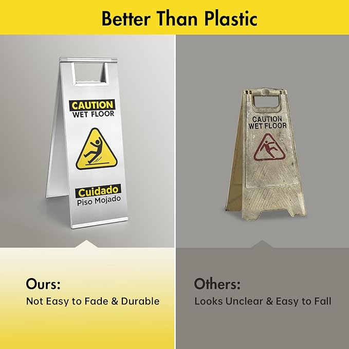 2 Packs Wet Floor Sign Stainless Steel for Business, Commercial Caution Wet Floor Sign Double Sided & Bilingual, Size 24'' * 9''，Silver