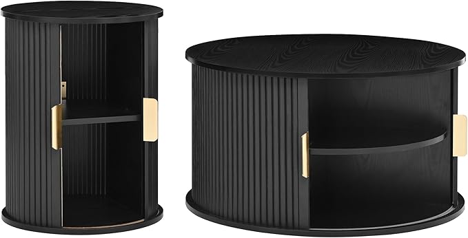 Merax Round Coffee Table Set, Mid Century Coffee Table with Sliding Tambour Door, Fluted Accent Center Table with Storage for Living Room, Office,Black