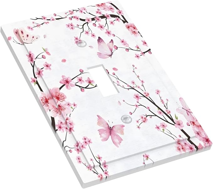 Cherry Floral Watercolor Pink Flowers Butterfly Decorative Light Switch Cover 1 Gang Single Toggle Device Electrical Faceplate Switchplates Decorator Outlet Wall Plate for Bed Room Living Room Decor