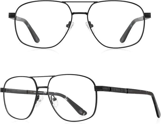 RB. Pilot Reading Glasses for Men Square Double Bridge Light Blocking Computer Readers Spring Hinge Metal Frame Acetate Legs