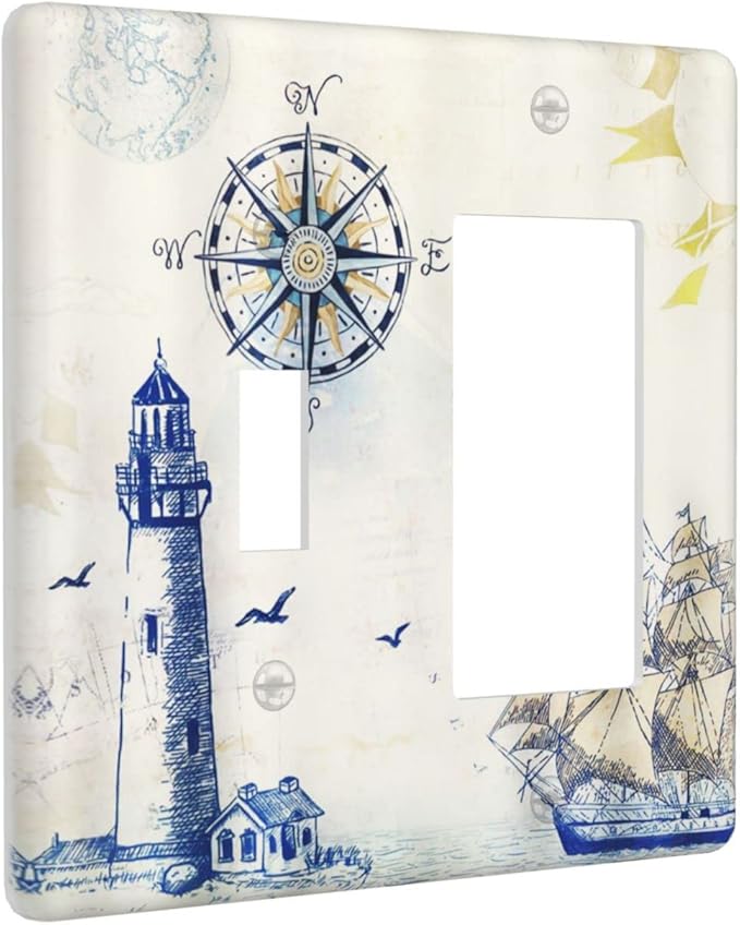 Nautical Sailboat Lighthouse Compass Anchor 2 Gang Light Switch Cover Plates Decorative Combination Toggle Rocker/Decora Wall Plate Rustic Electrical Switchplate for Country Bathroom Decor