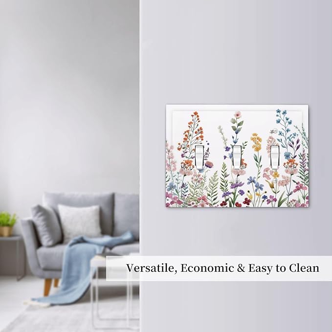 Rustic Wild Floral Vintage Colorful Flowers Triple Toggle Light Switch Covers Decorative 3 Gang Wall Plate Covers 3 Hole Electrical Device Switchplate Dimmer Faceplate for Bathroom Decor
