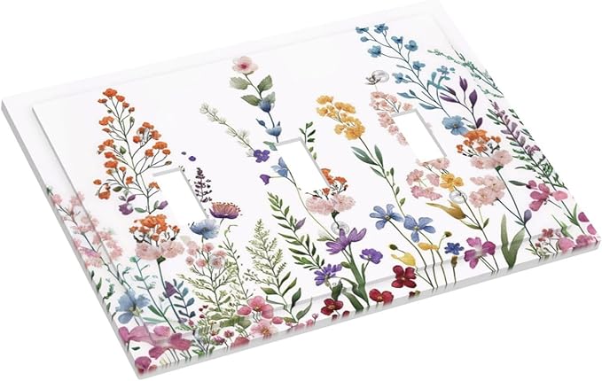 Rustic Wild Floral Vintage Colorful Flowers Triple Toggle Light Switch Covers Decorative 3 Gang Wall Plate Covers 3 Hole Electrical Device Switchplate Dimmer Faceplate for Bathroom Decor