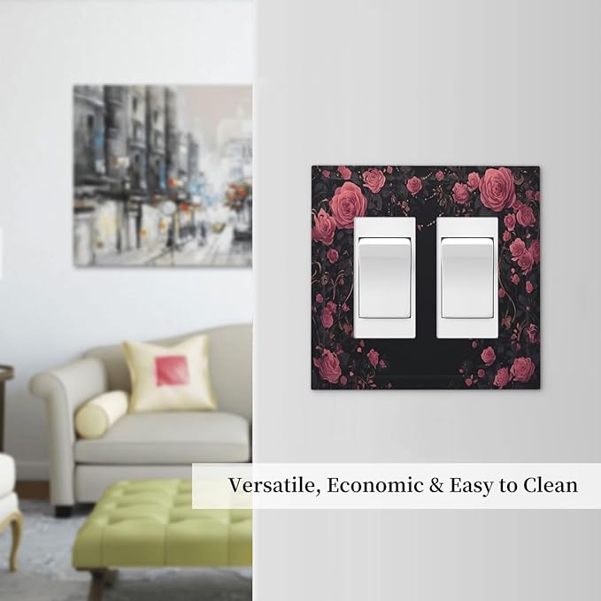 Decorative Outlet Covers Dark Background Red Rose Leaf 2 Gang Double GFCI Rocker Electrical Wall Panels Light Switch Cover Plate for Bedroom living Room Decor