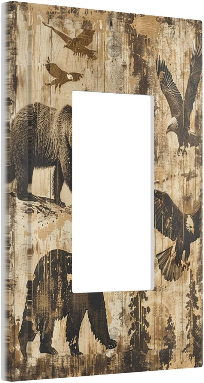 Decorative Outlet Covers Vintage Cabin Wildlife Animal Bear Eagle Forest 1 Gang Single Rocker Light Switch Cover Plate Wall Plates GFCI Faceplate for Farmhouse Bedroom Decor