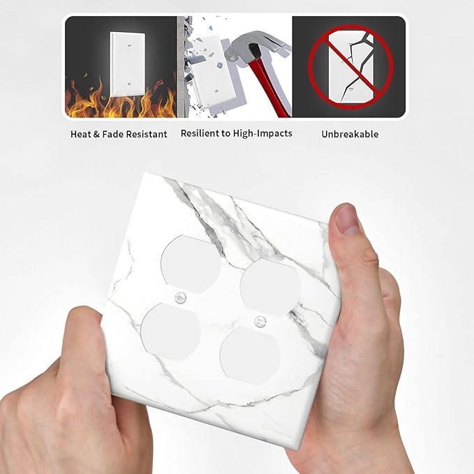 White Marble Abstract Luxurious Print Outlet Covers 2 Gang Double Duplex Decorative Light Switch Covers Electrical Wallplates Socket Faceplate for Bathroom Kitchen Home Decor