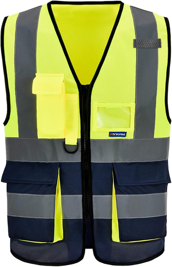 A-SAFETY Protective Reflective Safety Vest Workwear, 7 Pockets Hi Vis Durable Vest with Reflective Tapes, 4 Lower Pockets, Yellow&Navy, XL