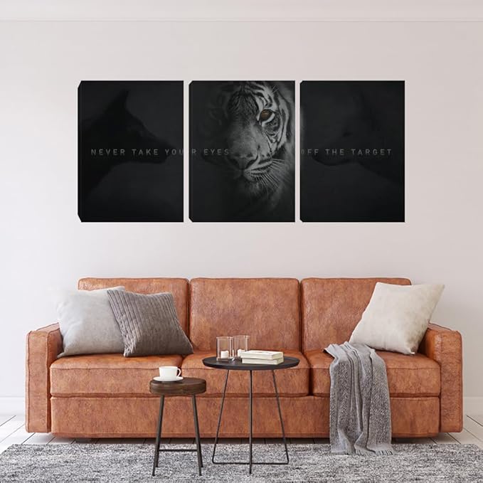 Unbruvo Tiger Motivational Wall Art - 3 Piece Canvas Prints for Office, Inspirational Leadership Quotes, Black Tiger Picture Wall Decor for Living Room, Bedroom(60''Wx28''H)