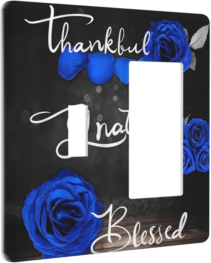 Light Switch Cover Blue Rose Thankful Grateful Blessed 2 Gang Toggle Rocker Combo Wall Plates Romantic Blue Floral Decorative Switch Plates and Outlet Covers Receptacle Cover for Home Decor