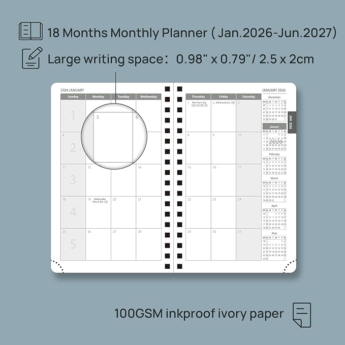 POPRUN Monthly Planner 2026-2027 (Pocket 4.25" x 6.25") 18 Months Calendar (Jan 2026 - Jun 2027) - 4 Pages per Month with Expense & Notes, Leather Cover, Sunday Starts - Blue