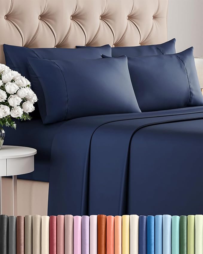Queen 6 Piece Sheet Set - Cooling & Breathable Bed Sheets - Hotel Luxury Bed Sheets for Women, Men, Kids & Teens - Bedding with Deep Pockets & Easy Fit - Soft and Wrinkle Free - Queen Navy Blue Sheets