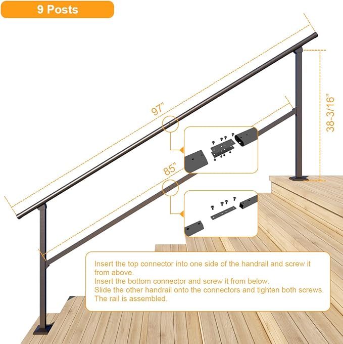 DIYHD 9 Step Handrail for Outdoor,Powder Coated Iron Stair Railing,Black Hand Rails for Indoor, Porch,Deck,1 Pack