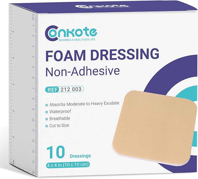 Conkote 10 Pack Foam Dressings Sterile Non-Adhesive Pads for Exudating Wounds 4"x4", FSA or HSA Highly Absorbent Waterproof Dressings for Wound Care, Ulcers, Post Op Trauma, Injuries, Burn