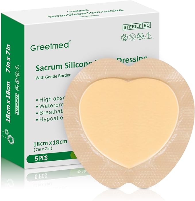 Sacrum Foam Dressing with Border - Silicone Adhesive 7"x7" Waterproof Sacral Wound Dressing - High Absorbent Pads Breathable Bed Sore Pressure Wound Care Bandages 5 Packs