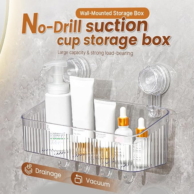 No-Drill Bathroom Suction Storage Box, Corrugated Suction Cup Wall Organizer, Removable Hanging Storage Basket with Strong Hold, Acrylic Shower Caddy for Bathroom (Grey L)