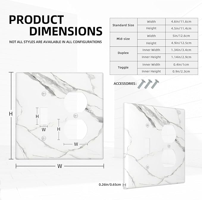 White Marble Abstract Luxurious Print Wallplates 1 Toggle 1 Duplex Switch Plate Electrical GFCI Faceplate Decorative Light Switch Covers for Bathroom Kitchen Home Decor