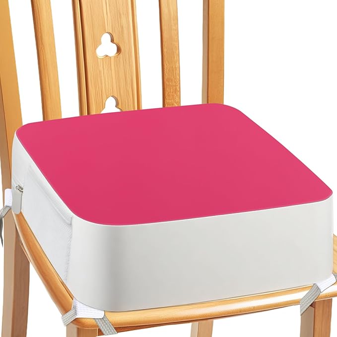 Booster Seat for Kitchen Chair - 4-Point Anchor 3.8" Lift Toddler Booster Seat for Dining Table with Side Pockets, Non-Slip & Portable Dining Cushion for Kids (Pink)