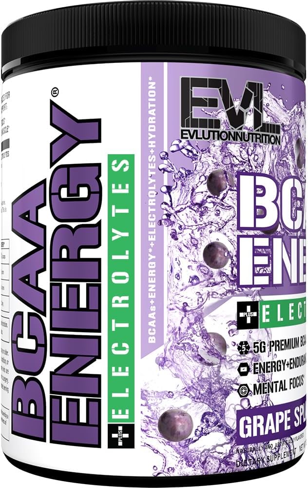 EVL BCAAs Amino Acids Powder - BCAA Energy Pre Workout Powder for Muscle Recovery Lean Growth and Endurance - Rehydrating Post Workout Recovery Drink with 6 Key Electrolytes - Grape Splash