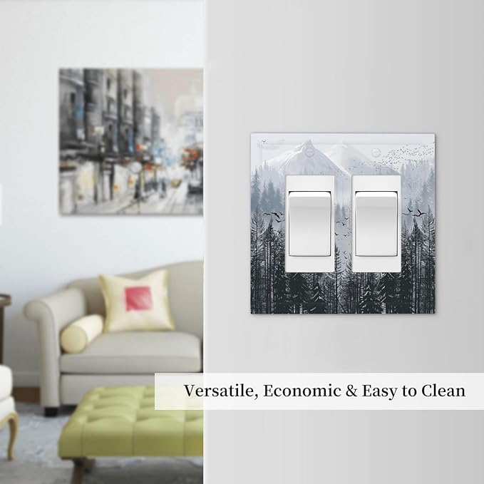 Misty Forest Nature Tree Mountain Birds Decorative Outlet Covers 2 Gang Double GFCI Rocker Electrical Wall Panels Light Switch Cover Plate for Bed Room Living Room Decor