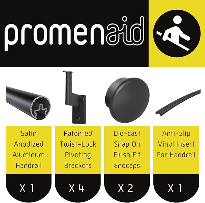 Promenaid 9ft Flush Handrail Kit - Satin Black - Complete Indoor/Outdoor Handrail for Stairs - 1.6" Round Anodized Aluminum Railing with 4 Satin Black Painted Pivoting Wall Brackets & Flush Endcaps