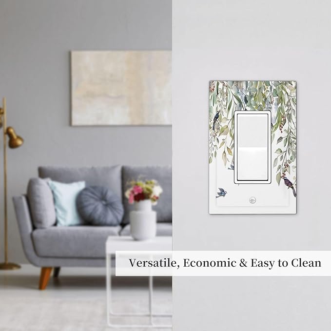 Green Leaf Eucalyptus Leaves Floral Bird Butterfly Decorative Outlet Covers 1 Gang Single Rocker Light Switch Cover Plate Wall Plates GFCI Faceplate for Bed Room Living Room Decor
