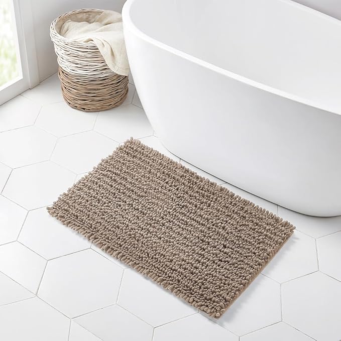 Walensee Bathroom Rug Non Slip Bath Mat (32x20 Inch Taupe) Water Absorbent Super Soft Shaggy Chenille Machine Washable Dry Extra Thick Perfect Absorbant Best Large Plush Carpet for Shower Floor
