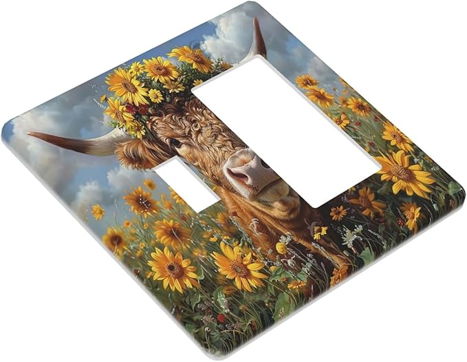Outlet Covers Vintage Sunflower Highland Cow Rustic Art 1 Toggle 1 Rocker Combination Decorative Wall Plate Electrical Switch Plates Light Switch Cover Plate for Bedroom Farmhouse Decor