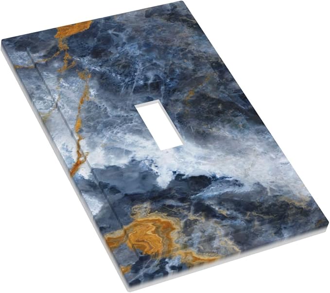 Gold Dark Blue Gilt Haze Marble Light Switch Covers Decorative Single Toggle Wall Plate Dimmer Switchplate Cover 1 Gang Unbreakable Polycarbonate Replacement Faceplate Covers for Bathroom Decor