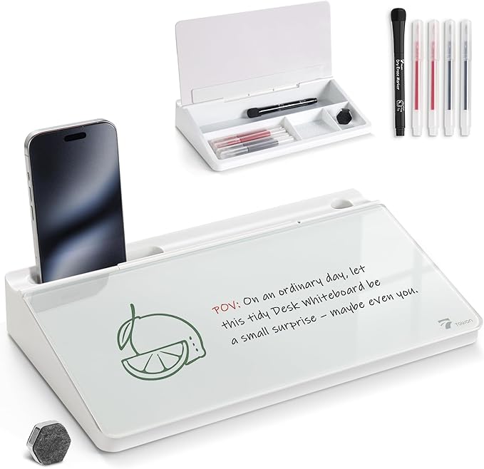 TOWON Small Compact Glass Desktop Whiteboard with Storage – 12 x 7 in Dry Erase Board for Desk, Home Office, School | Includes 5 Markers, Eraser & Holder | Space-Saving Organizer, Aesthetic White