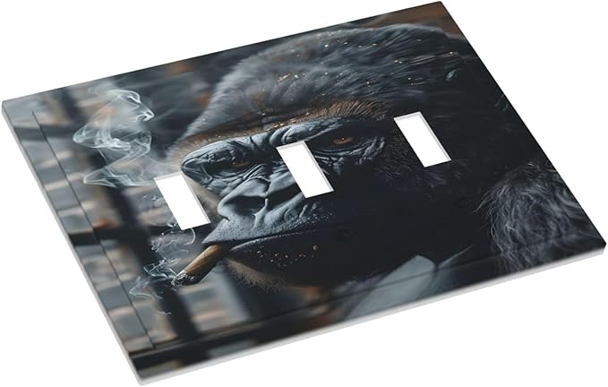 Funny Animal Smoking Black Orangutan Decorative Switch Plates 3 Gang Wall Plate Triple Toggle Light Switch Cover Faceplate Electrical Wall Panels for Farmhouse Home Office Decor