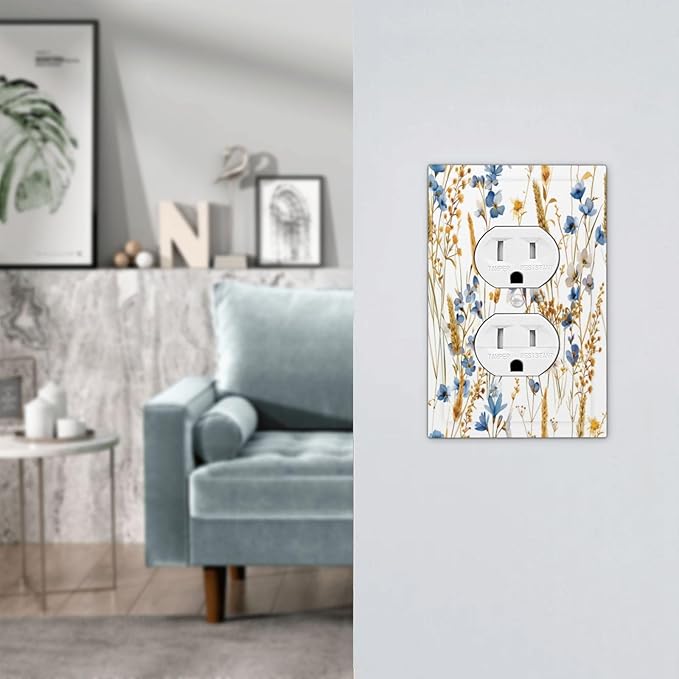 Vintage Wildflower Blue Gold Country Fall Wheat Floral Outlet Covers 1 Gang Duplex Light Switch Cover Decorative Switch Plates Electrical Receptacle Faceplate Wall Plate for Bedroom Living Room Decor