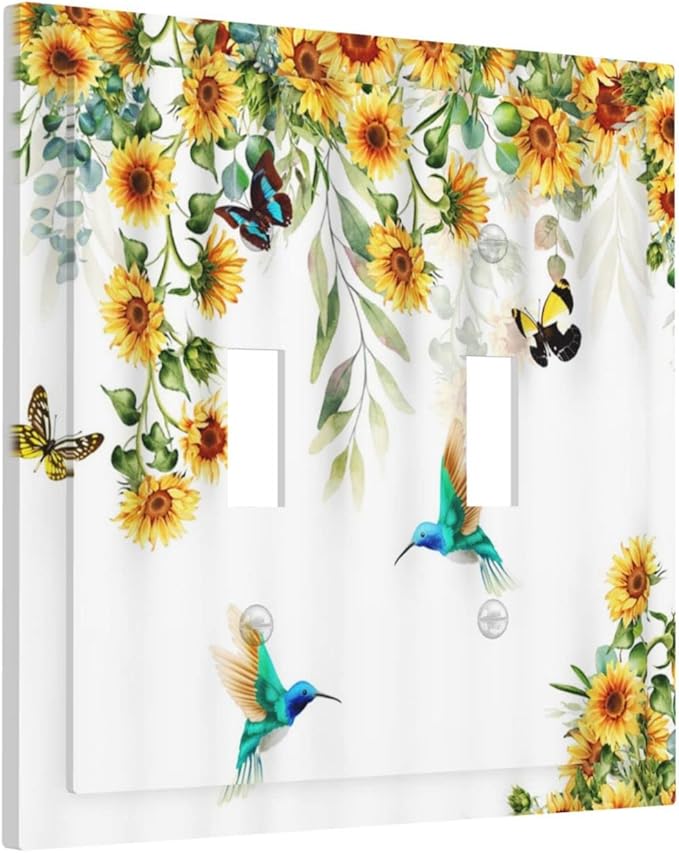 Yellow Sunflower Blue Hummingbird Butterfly Double Toggle Light Switch Cover Plate Decorative Rustic Farmhouse Floral Botanical 2-Gang Wall Plate Dual Device Electrical Switchplate for Bedroom
