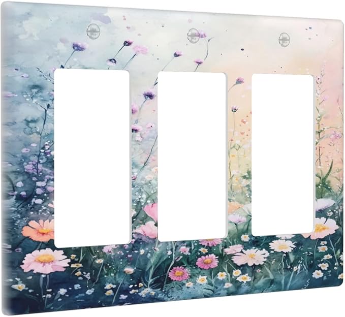 Decorative Outlet Covers Pink Floral Wildflower Green Plants 3 Gang Gfci Wall Plate Triple Rocker Light Switch Cover Plate Switch Plate Covers for Bathroom Decor