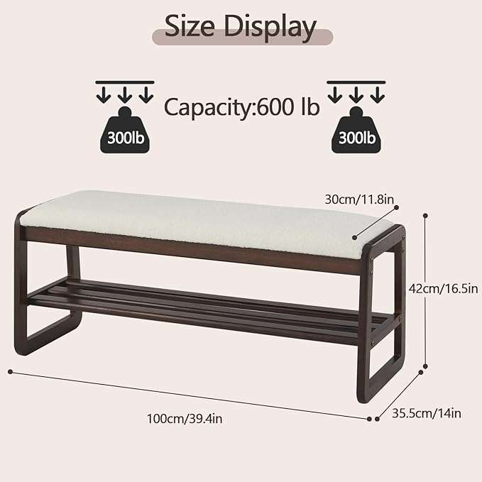 Shoe Rack Bench,2 Tier Wooden Entryway Bench with Shoe Storage, Shoe Rack with Cushion for Living Room, Hallway(Cream White, 39.4")