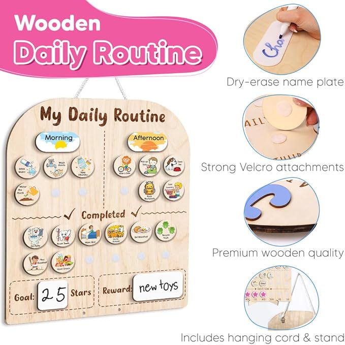 Wooden Daily Routine for Kids, Star Reward Jar for Toddlers, Chore Chart for Kids with Star Jar, Behavior Reward Jar for Toddlers Boys Girls