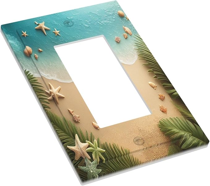 Decorative Outlet Covers Summer Beach Themed Starfish Seashells 1 Gang Single Rocker Light Switch Cover Plate Wall Plates GFCI Faceplate for Bedroom Bathroom Decor