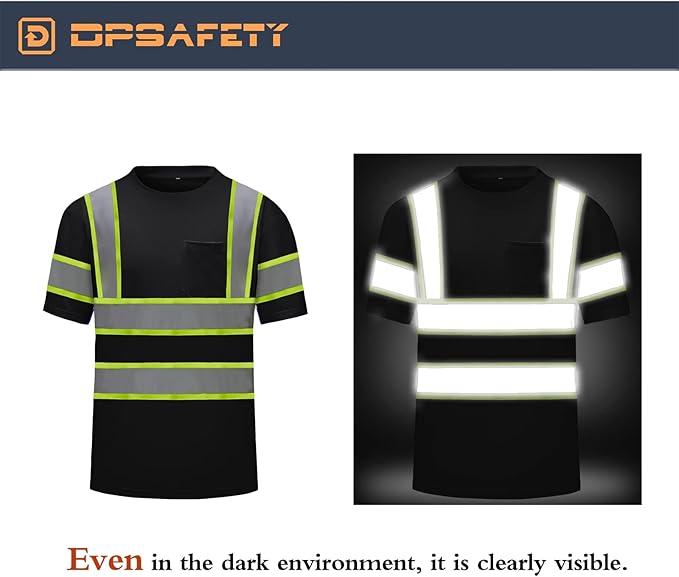 High Visibility Shirts Quick Dry Safety T Shirts with Reflective Strips and Pocket Short Sleeve Mesh Hi Vis Construction Work Class 2 Shirt for Men/Women Black,4XL