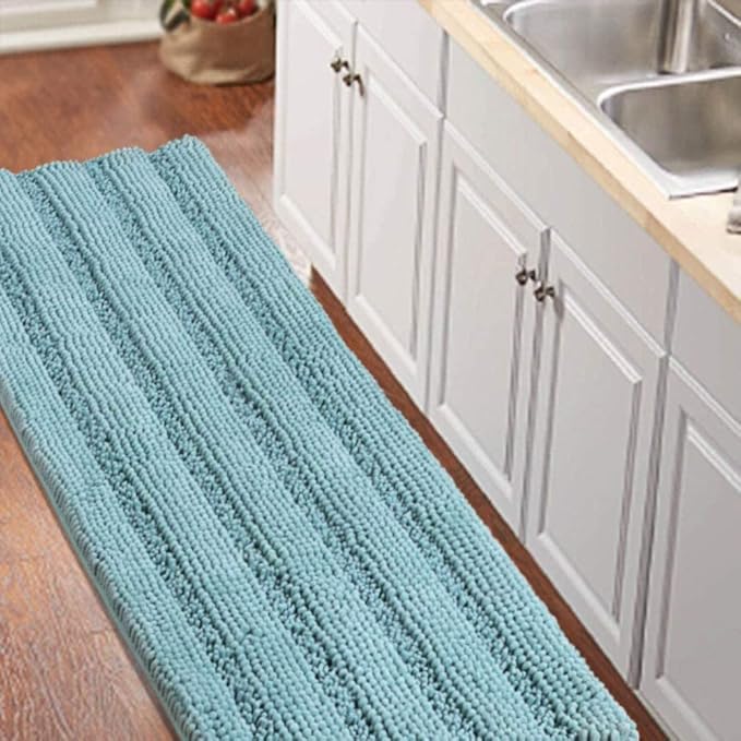 Turquoize Non Slip Shaggy Chenille Microfibers Bathroom Rug Aqua Haze Mat - Extra Long 59 x 20, Super Water Absorbent & Soft Washable Kitchen Rugs and Mats